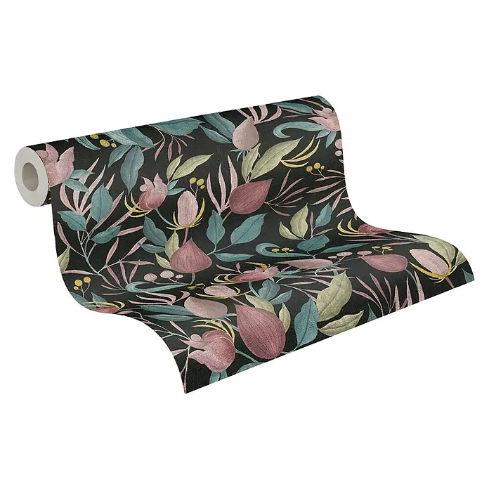 A.S. Création Cosmoliving by Cosmopolitan Vliestapete Blüte - Schwarz-Blau-Pink, Floral, 10,05 x 0,53 m - Rolle mit floralem Tapetenmuster in dunklen Farbtönen und zarten rosa Akzenten, die eine elegante und natürliche Atmosphäre erzeugt.