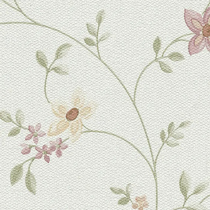 A.S. Création Designdrop Vliestapete Blume - Weiß-Rosa, Floral, 10,05 x 0,53 m - Blütenmuster-Tapete mit zarten Blumen und Ranken auf strukturiertem, cremefarbenem Hintergrund für eine elegante Raumgestaltung.