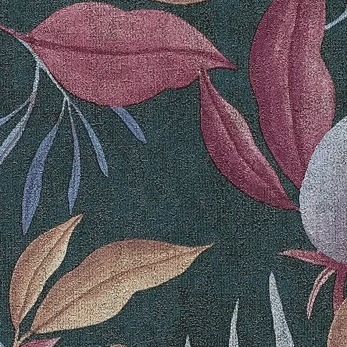 A.S. Création Cosmoliving by Cosmopolitan Vliestapete Blüte - Blau-Grau-Pink, Floral, 10,05 x 0,53 m - Detailaufnahme eines Stoffmusters mit Blättern in verschiedenen Farben auf dunkelgrünem Grund. Das Muster wirkt plastisch und hochwertig.