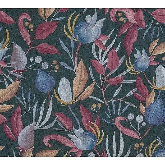 A.S. Création Cosmoliving by Cosmopolitan Vliestapete Blüte - Blau-Grau-Pink, Floral, 10,05 x 0,53 m - Floral gemustertes Textil, tiefgrüner Hintergrund mit bunten Blättern & Blüten. Perfekt für Vorhänge und Möbelstoffe.