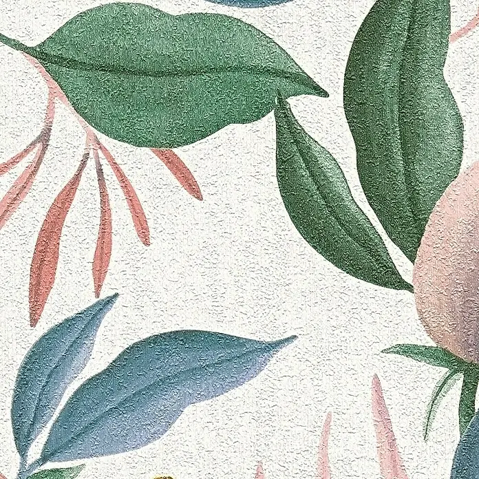 A.S. Création Cosmoliving by Cosmopolitan Vliestapete Blüte - Weiß-Grün-Pink, Floral, 10,05 x 0,53 m - Nahaufnahme eines Stoffmusters mit floralem Design in Grün-, Blau- und Rosatönen auf weißem, strukturiertem Grund.