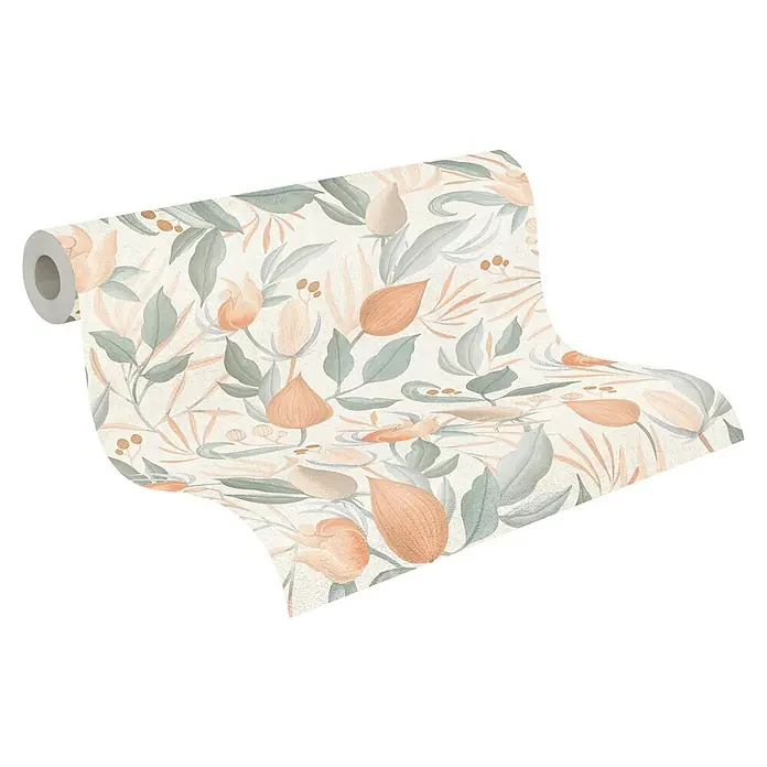 A.S. Création Cosmoliving by Cosmopolitan Vliestapete Blüte - Orange-Creme-Grün, Floral, 10,05 x 0,53 m - Eine Rolle floral gemusterte Tapete in sanften Farben, die sich abrollt und ein elegantes, botanisches Design präsentiert.