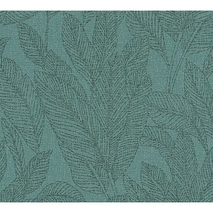 A.S. Création Cosmoliving by Cosmopolitan Vliestapete Blätter - Grün-Blau, Floral, 10,05 x 0,53 m - Nahaufnahme eines türkisfarbenen Textilstoffs mit einem dezenten, dunkelgrünen Blattmuster für stilvolle Polsterprojekte.