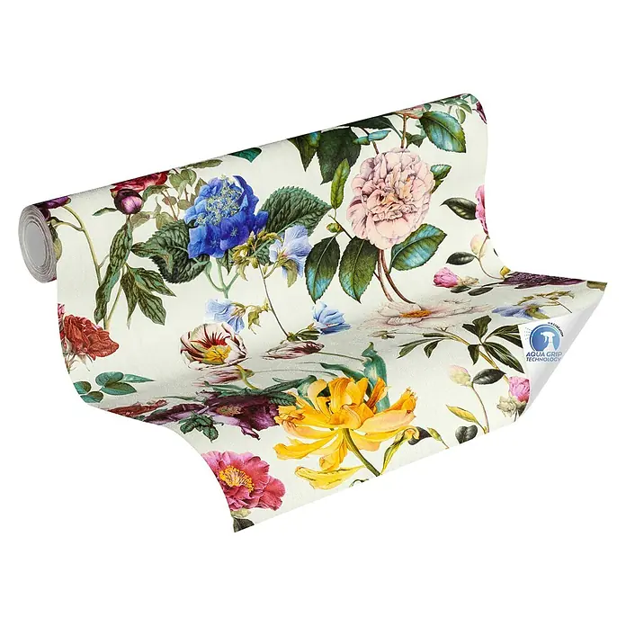 A.S. Création Designdrop Vliestapete Blumen - Bunt, Floral, 10,05 x 0,53 m - Eine Rolle floral gemusterte Tapete mit Rosen, Hortensien und anderen bunten Blüten vor hellem Hintergrund. Ein elegantes Design für Ihr Zuhause.