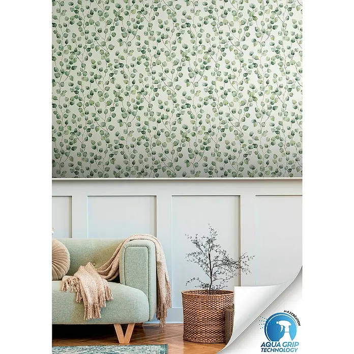 A.S. Création Designdrop Vliestapete Blättergirlande - Weiß-Grün, Floral, 10,05 x 0,53 m - Dekorative Tapete mit Eukalyptusmuster für eine frische und natürliche Wandgestaltung im Wohnraum. Stilvolles Design für ein gemütliches Ambiente.