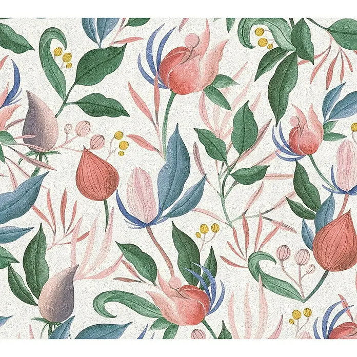 A.S. Création Cosmoliving by Cosmopolitan Vliestapete Blüte - Weiß-Grün-Pink, Floral, 10,05 x 0,53 m - Elegantes florales Muster mit zarten Blüten und Blättern in sanften Farben auf hellem Hintergrund. Ein dekoratives Design für verschiedene Anwendungen.