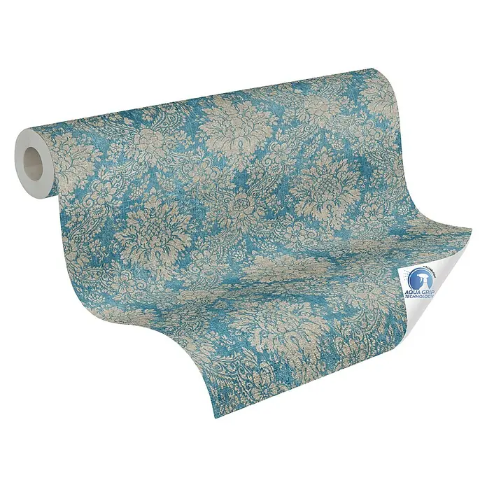 A.S. Création Designdrop Vliestapete - Blau-Grau, Ornament, 10,05 x 0,53 m - Eine Rolle Aqua Grip Technologie-Tapete mit blauem und beigem floralem Muster, perfekt für jeden Raum im Haus.