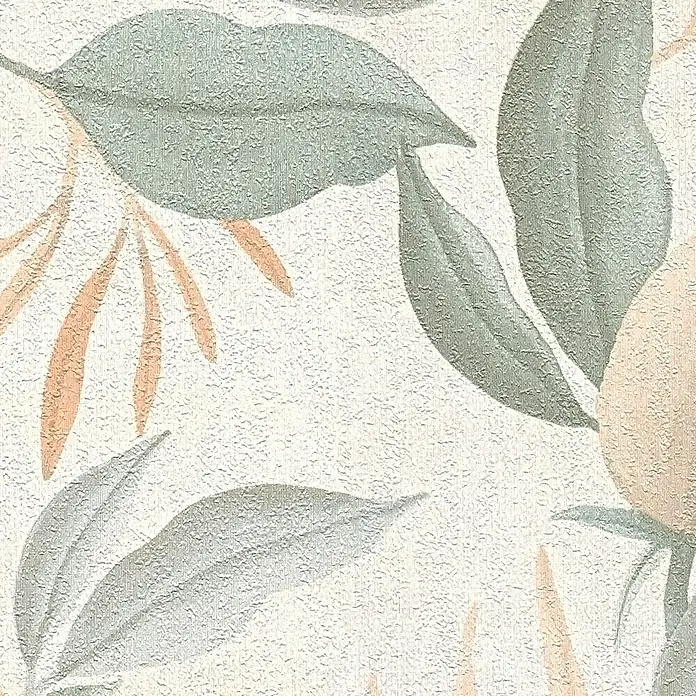 A.S. Création Cosmoliving by Cosmopolitan Vliestapete Blüte - Orange-Creme-Grün, Floral, 10,05 x 0,53 m - Nahaufnahme einer Tapete mit Blättermuster in verschiedenen Grün- und Beigetönen, die eine natürliche und beruhigende Atmosphäre schafft.