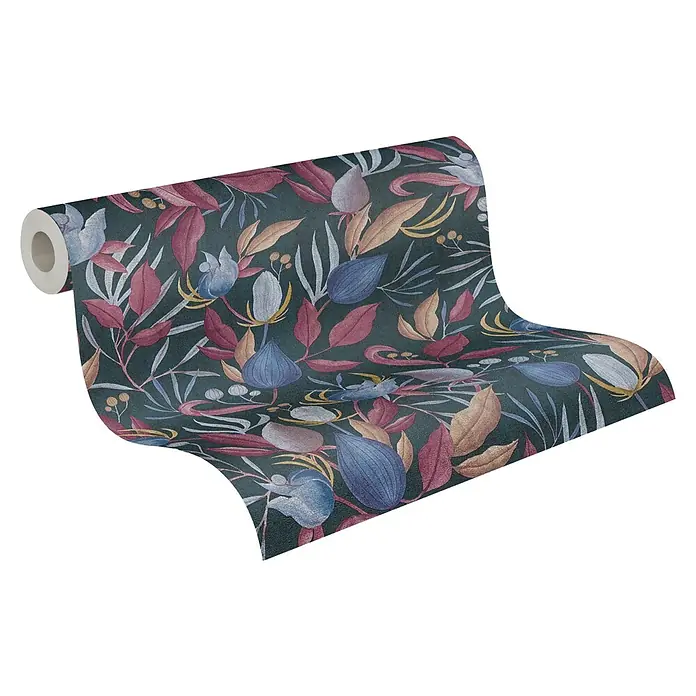 A.S. Création Cosmoliving by Cosmopolitan Vliestapete Blüte - Blau-Grau-Pink, Floral, 10,05 x 0,53 m - Floral gemusterte Tapetenrolle, die eine künstlerische Note mit bunten Blättern und filigranen Details verleiht.