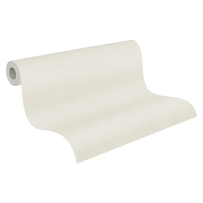 A.S. Création Hygge 3 Vliestapete - Hellcreme, Uni, 10,05 x 0,53 m - Ein aufgerollter Tapetenbogen in einem neutralen Farbton mit einer dezenten Textur. Ideal für eine schlichte Wandgestaltung.