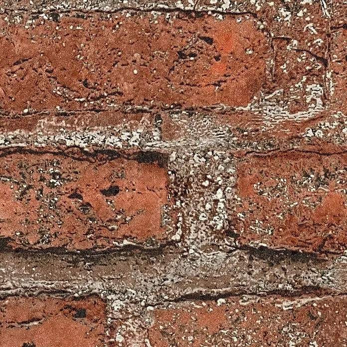 A.S. Création Designdrop Vliestapete Stein - Rot, Steinoptik, 10,05 x 0,53 m - Nahaufnahme einer roten Backsteinmauer mit strukturierten Ziegeln und abgenutztem Mörtel für einen rustikalen, industriellen Look.
