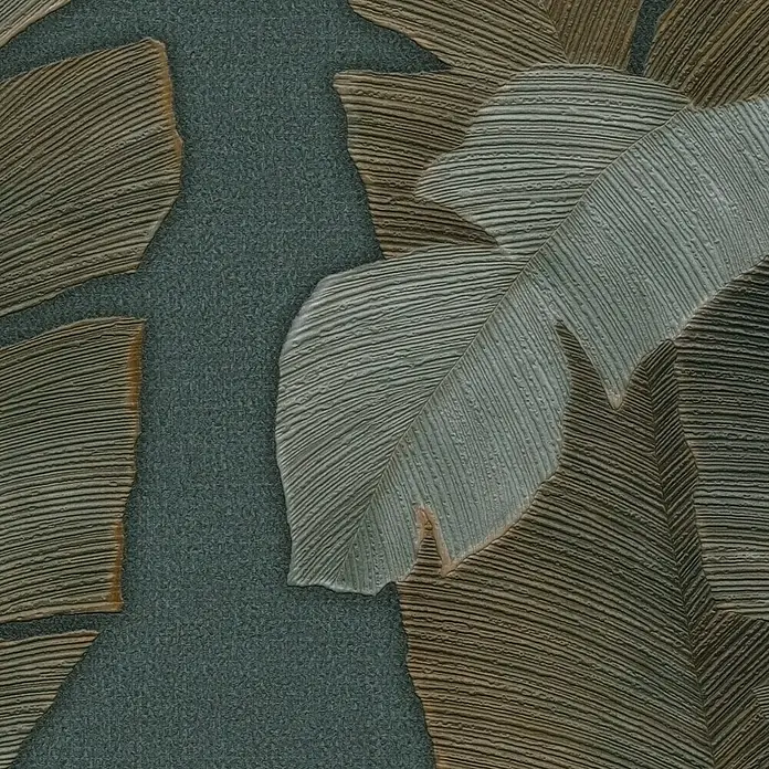 A.S. Création Designdrop Vliestapete Stilvoller Palmenblatt-Dschungel - Grün-Blau, Floral, 10,05 x 0,53 m - Abstraktes Blättermuster-Wandbild mit strukturierten Blättern in Braun- und Grautönen auf einem dunklen Hintergrund.