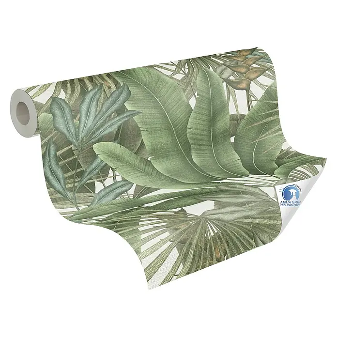 A.S. Création Designdrop Vliestapete Palme - Grün-Beige, Floral, 10,05 x 0,53 m - Tropische Tapete mit üppigen Blättern und Aqua Grip Technologie für einfache Anwendung.
