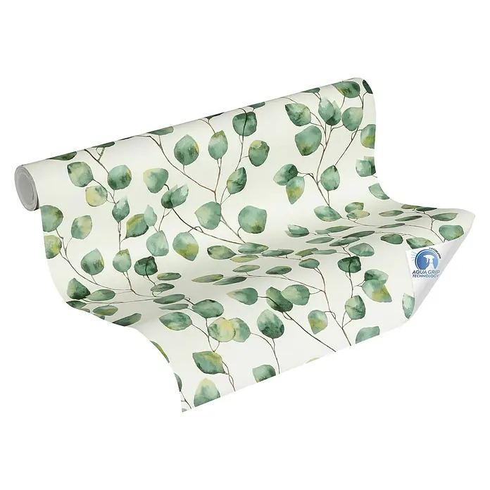 A.S. Création Designdrop Vliestapete Blättergirlande - Weiß-Grün, Floral, 10,05 x 0,53 m - Eine Rolle Tapete mit Eukalyptusmuster. Das Muster besteht aus grünen und gelben Blättern auf einem hellen Hintergrund, die eine natürliche Atmosphäre schaffen.