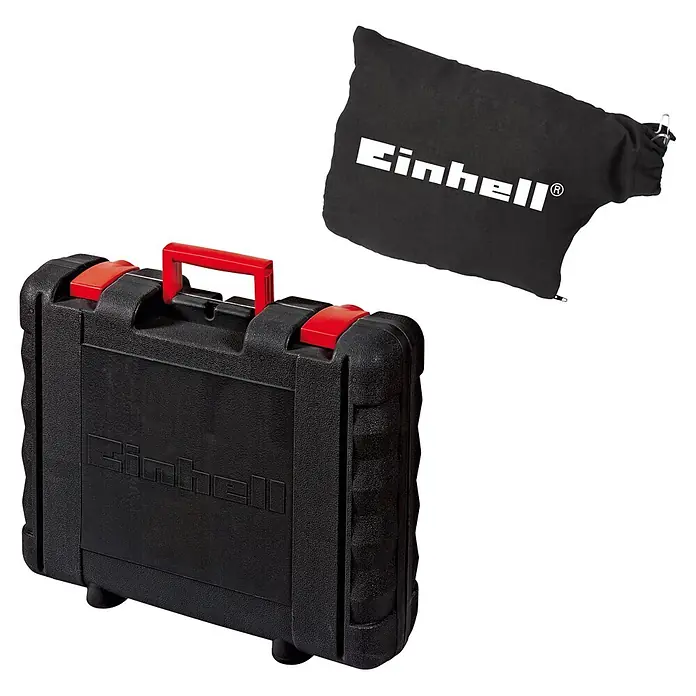 Einhell Engalletadora TC-BJ900 - 860 W, Profundidad de fresado: 14 mm - Una caja de herramientas negra Einhell y una funda antipolvo negra. Ambos productos se muestran por separado sobre un fondo blanco.