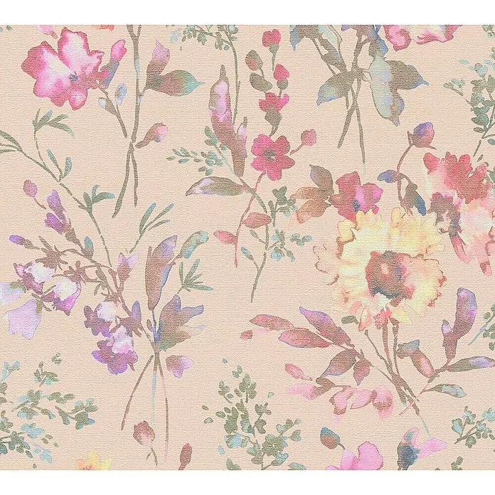 A.S. Création Cosmoliving by Cosmopolitan Vliestapete Blüten - Rosa-Metallic-Grün, Floral, 10,05 x 0,53 m - Floral gemustertes Textil mit zarten Blumen und Blättern in sanften Rosa-, Lila- und Gelbtönen für frühlingshafte Eleganz.
