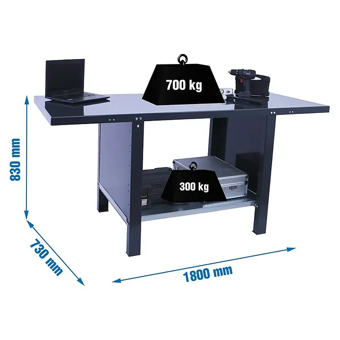 Simonrack Simonwork Banco de trabajo BT6L PRO Metal - L x An: 73 x 180 cm, Altura de trabajo: 83 cm, Carga soportada: 1.000 kg, Antracita - Mesa de trabajo con indicaciones de carga máxima.