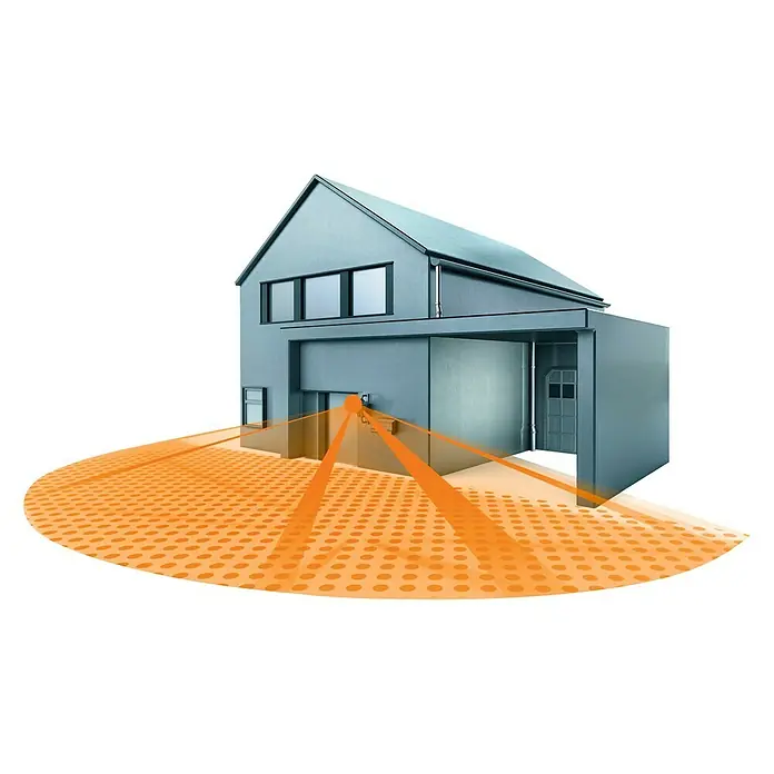 Steinel Bewegungsmelder IS 180-2 anthrazit - Reichweite Sensor: 12 m, Anthrazit, Erfassungswinkel Sensor: 180 °, L x B x H: 56 x 76 x 120 mm - Illustration eines Hauses mit Bewegungssensor, der einen Überwachungsbereich abdeckt.