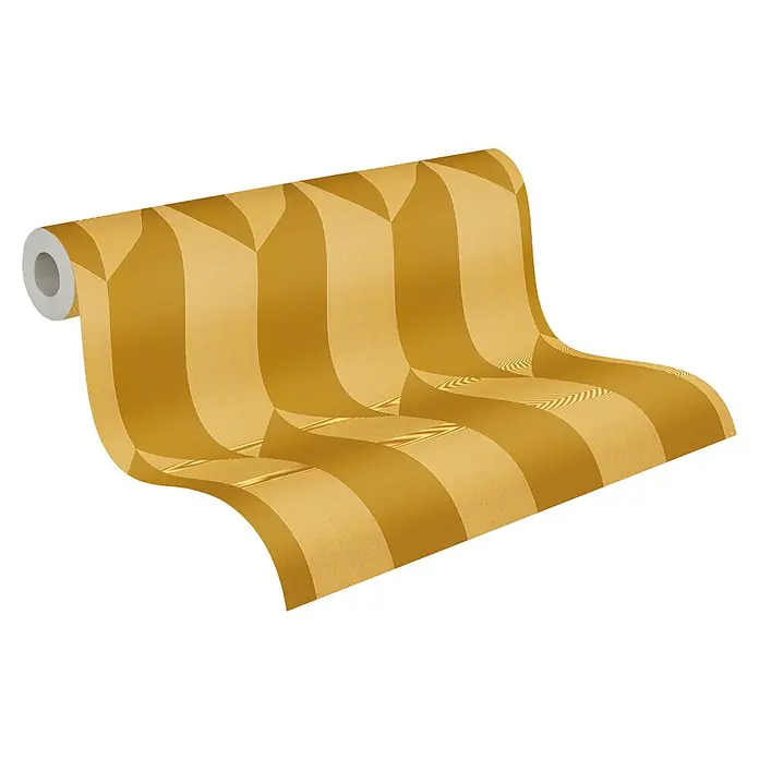 A.S. Création Cosmoliving by Cosmopolitan Vliestapete 3D-Grafik - Gold-Metallic-Gelb, Grafisch, 10,05 x 0,53 m - Eine Rolle goldene Tapete mit Streifenmuster, teilweise abgerollt, für eine stilvolle Wandgestaltung im Innenbereich.