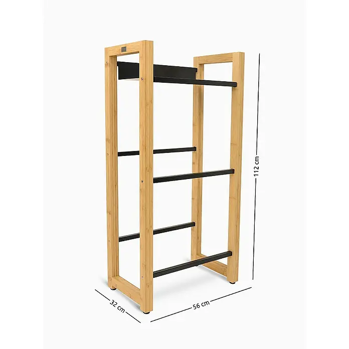 holz4home Getränkekistenregal - Anzahl Böden: 0 Stk., Schrauben, Braun - Darstellung eines Bambus-Handtuchhalters mit schwarzen Stangen und Maßangaben. Ideal für Badezimmer mit begrenztem Platz.