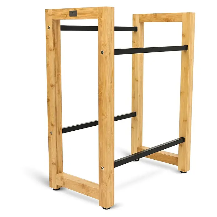 holz4home Getränkekistenregal - Anzahl Böden: 0 Stk., Schrauben, Braun - Ein multifunktionaler Bambus-Organizer, ideal für Küche und Bad, mit robusten schwarzen Metallstangen zur Aufbewahrung.