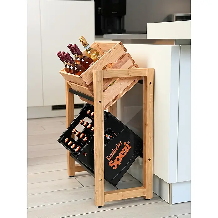 holz4home Getränkekistenregal - Anzahl Böden: 0 Stk., Schrauben, Braun - Weinregal aus Holz mit Weinflaschen und einer Kiste Krombacher Spezi. Praktisch und stilvoll für Küche oder Esszimmer.
