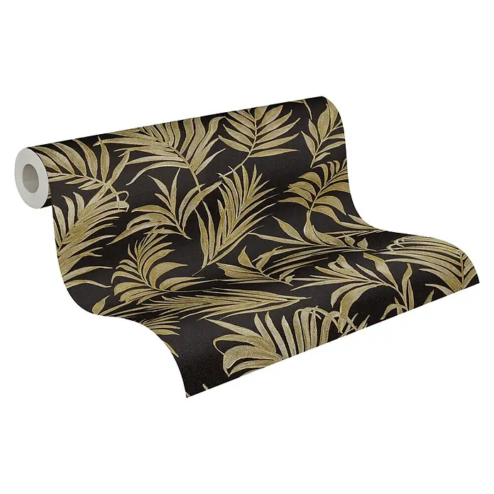 A.S. Création Cosmoliving by Cosmopolitan Vliestapete Ranken - Schwarz-Gold-Grün, Floral, 10,05 x 0,53 m - Rolle dunkler Tapete mit goldenem Palmenmuster. Elegantes Design für stilvolle Raumgestaltung mit botanischem Flair.