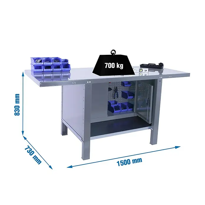 Simonrack Simonwork Banco de trabajo BT6L PRO Cabinet Metal - L x An: 73 x 150 cm, Altura de trabajo: 83 cm, Carga soportada: 700 kg, Gris - Imagen del producto de un banco de trabajo con cajones y almacenamiento de herramientas, cargado con un peso de 700 kg.