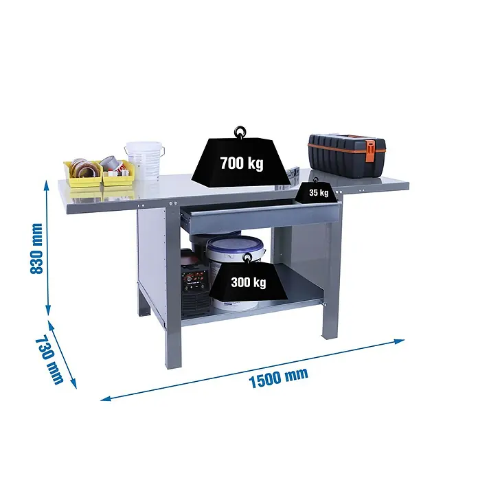 Simonrack Simonwork Banco de trabajo BT6L PRO Box Metal - L x An: 73 x 150 cm, Altura de trabajo: 83 cm, Carga soportada: 1.035 kg, Gris - Imagen de un banco de trabajo con cajón y estante, con capacidad de carga de hasta 700 kg en la superficie, 300 kg en el estante y 35 kg en el cajón.