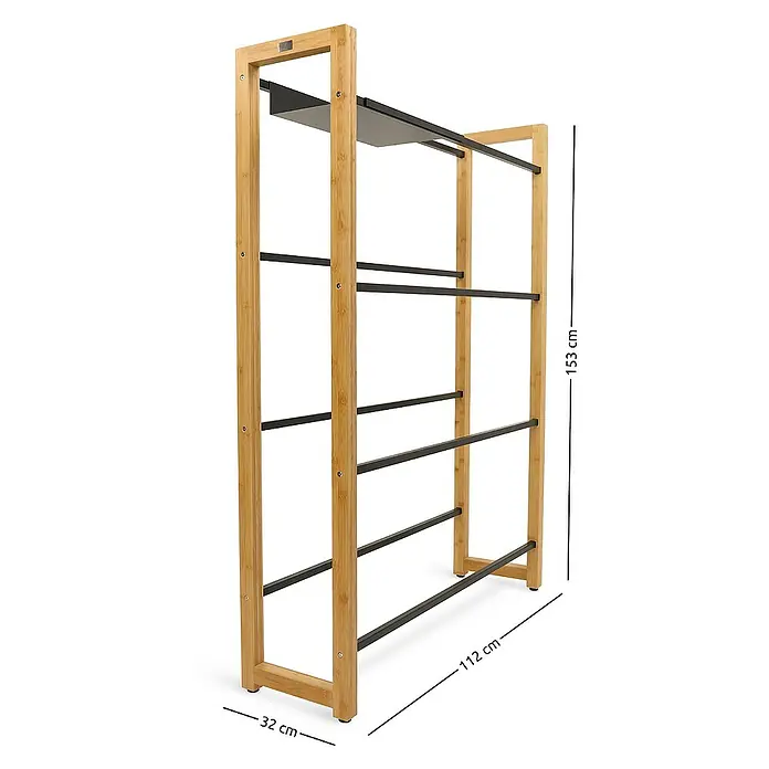 holz4home Getränkekistenregal - Anzahl Böden: 0 Stk., Schrauben, Braun - Freistehendes Handtuchregal aus Bambus und Metall, mit fünf Stangen und einer Ablage, Maße 153x112x32 cm.