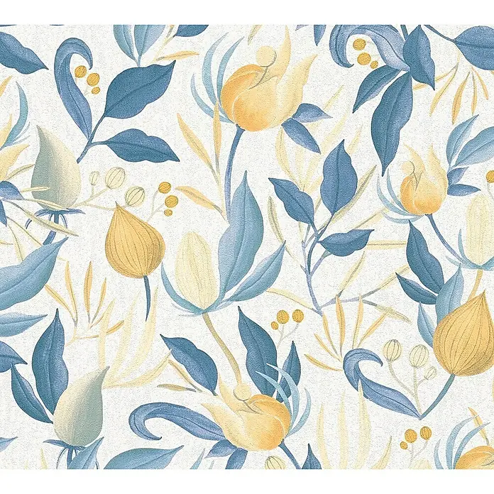 A.S. Création Cosmoliving by Cosmopolitan Vliestapete Blüte - Weiß-Blau-Gelb, Floral, 10,05 x 0,53 m - Elegantes florales Muster mit blauen Blättern und gelben Blüten auf hellem Grund, ideal für Textilien und Dekorationen.