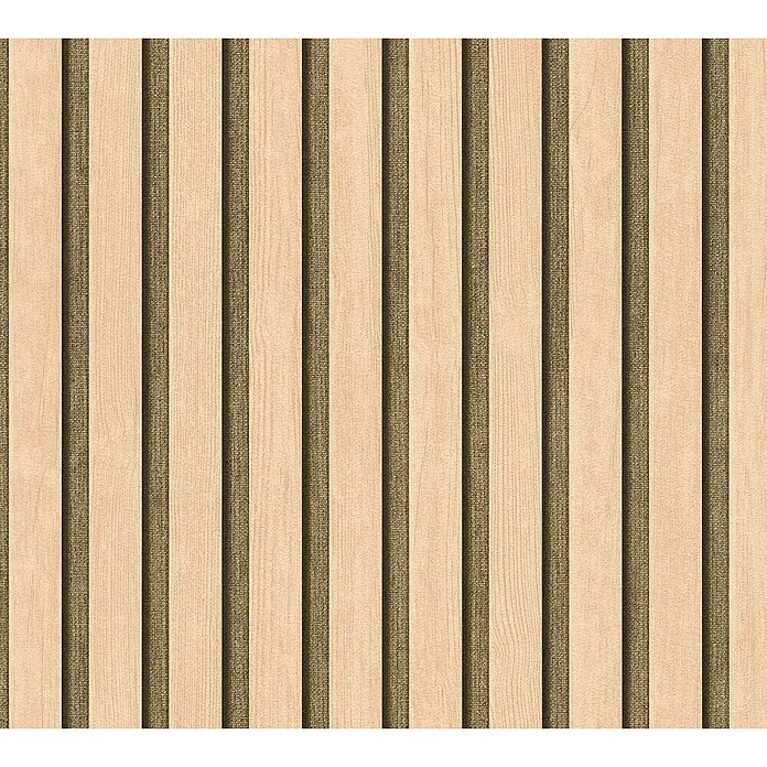 A.S. Création Hygge 3 Vliestapete Paneele - Beige-Metallic, Holzoptik, 10,05 x 0,53 m - Nahaufnahme einer Holzlamellenwand mit hellen Holzstreifen und dunkleren, texturierten Zwischenräumen für eine natürliche Wandgestaltung.