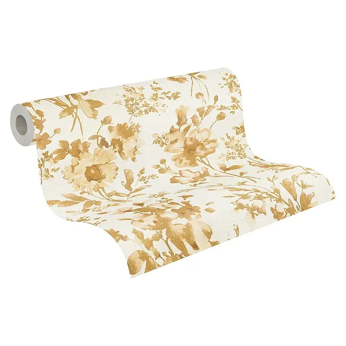 A.S. Création Cosmoliving by Cosmopolitan Vliestapete Blüten - Gold-Weiß-Beige, Floral, 10,05 x 0,53 m - Nahaufnahme einer Rolle goldener Tapete mit Blumendesign, ideal für eine stilvolle Wandgestaltung.