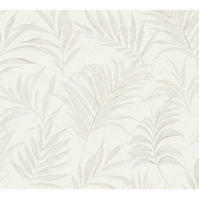 A.S. Création Cosmoliving by Cosmopolitan Vliestapete Ranken - Weiß-Creme, Floral, 10,05 x 0,53 m - Nahaufnahme eines eleganten Tapetenmusters mit stilisierten Palmenblättern in sanften Beigetönen und subtiler Textur für eine ruhige Atmosphäre.
