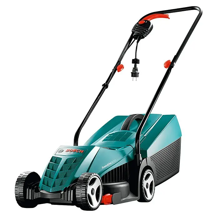 Bosch Elektro-Rasenmäher Rotak 32 - 1.200 W, Schnittbreite: 32 cm - Ein grüner Bosch Rasenmäher mit Stromkabel. Er ist kompakt und hat einen Powerdrive Motor für effizientes Mähen.