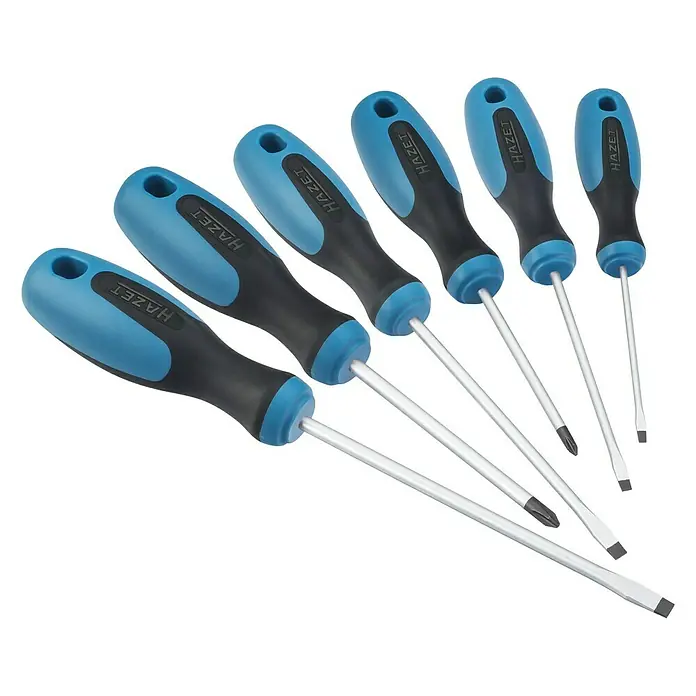 Hazet Schraubendreher-Set 810/6 - 6 -tlg. - Sechs Hazet-Schraubendreher mit blau-schwarzen Griffen. Die Klingen variieren in Länge und Form, ideal für vielfältige Schraubanwendungen.