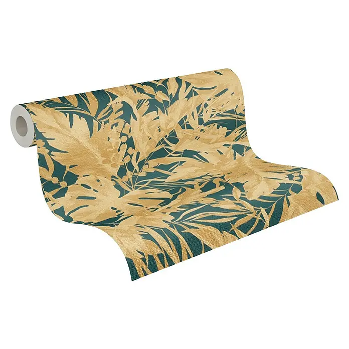 A.S. Création Cosmoliving by Cosmopolitan Vliestapete Blätter - Grün-Gold, Floral, 10,05 x 0,53 m - Eine Rolle goldene Dschungel-Tapete mit üppigem tropischen Blattmuster, die jedem Raum einen luxuriösen Touch verleiht.