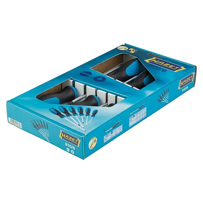 Hazet Schraubendreher-Set 810/6 - 6 -tlg. - Hazet 810/6 Schraubendrehersatz in blauer Verpackung. Ein Set aus Schraubendrehern mit blauen und schwarzen Griffen für verschiedene Schraubarbeiten.