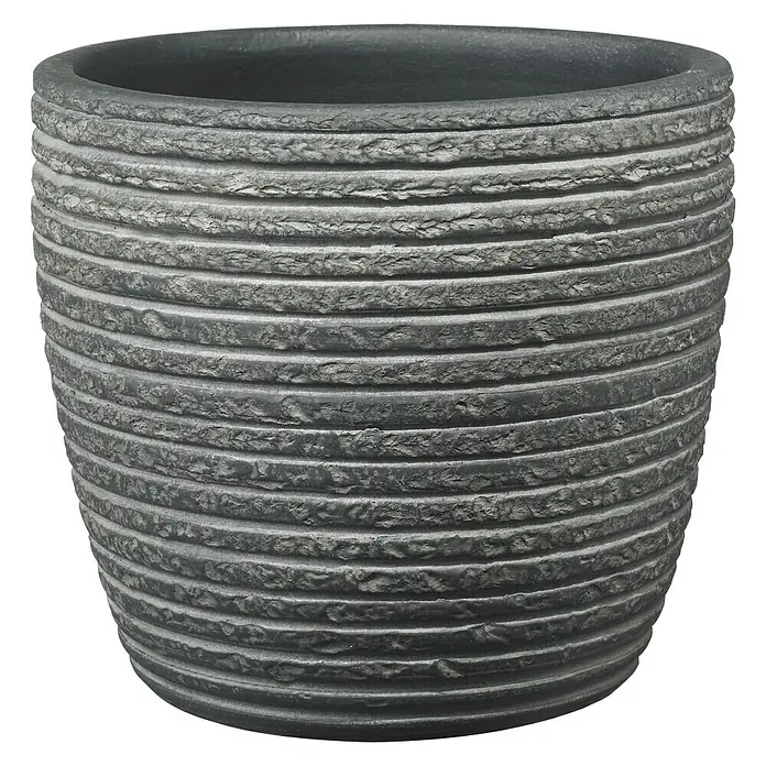 Soendgen Keramik Übertopf rund - Außenmaß (Ø x H): 14 x 12 cm, Anthrazit, Keramik - Grauer Pflanztopf mit horizontalen Rillen und rustikaler Textur, ideal für den Innen- und Außenbereich.