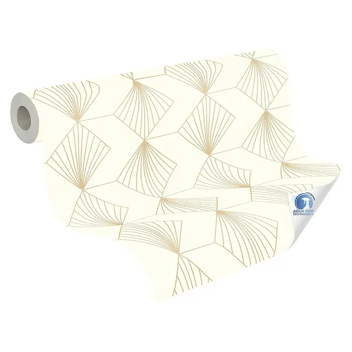 A.S. Création Designdrop Vliestapete Grafik - Creme-Gold, Grafisch, 10,05 x 0,53 m - Ein Rolle cremefarbene Tapete mit einem Art-Deco-Muster aus goldenen Linien, die ein elegantes, grafisches Design erzeugen.