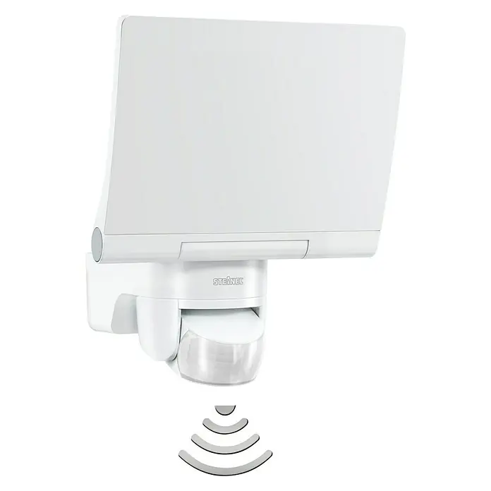 Steinel LED-Strahler XLED home 2 XL S weiß - 19,3 W, L x B x H: 161 x 180 x 214 mm, Weiß - Bild einer weißen Steinel-Außenleuchte mit Bewegungsmelder, die sich ideal für die Beleuchtung von Eingangsbereichen eignet.