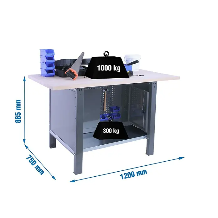 Simonrack Simonwork Banco de trabajo BT6L PRO Cabinet Laminate - L x An: 75 x 120 cm, Altura de trabajo: 86,5 cm, Carga soportada: 1.300 kg, Gris - Banco de trabajo con cajones y herramientas, soporta 1000 kg en la parte superior y 300 kg en la inferior. La altura del banco es de 865 mm.