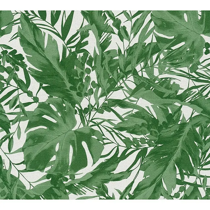 A.S. Création Cosmoliving by Cosmopolitan Vliestapete Blätter - Grün-Weiß, Floral, 10,05 x 0,53 m - Grün-weißes Blattmuster mit tropischen Blättern. Ein dichtes, florales Design für Stoffe und Tapeten, das einen Hauch von Natur in jeden Raum bringt.