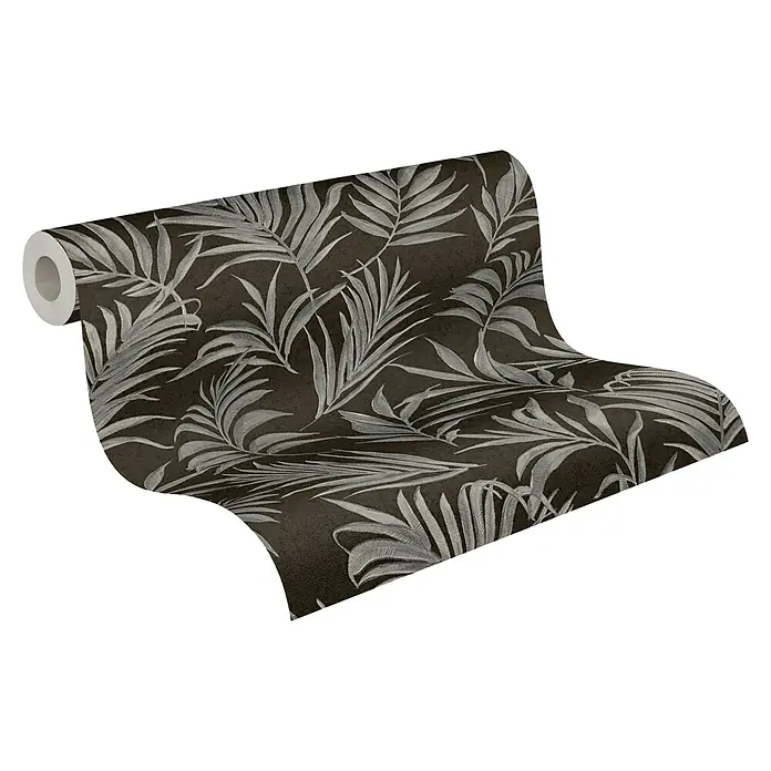 A.S. Création Cosmoliving by Cosmopolitan Vliestapete Ranken - Schwarz-Grau-Blau, Floral, 10,05 x 0,53 m - Nahaufnahme einer Rolle hochwertiger Tapete mit tropischem Blattmuster, die eine elegante und natürliche Atmosphäre für jeden Raum schafft.