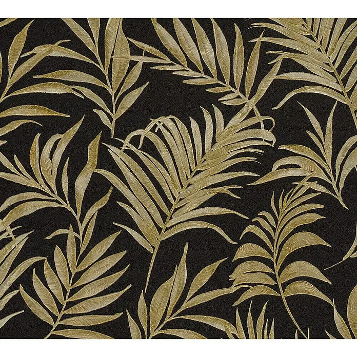A.S. Création Cosmoliving by Cosmopolitan Vliestapete Ranken - Schwarz-Gold-Grün, Floral, 10,05 x 0,53 m - Elegante Tapete mit einem Muster aus goldenen Palmwedeln auf schwarzem Grund, die jedem Raum einen Hauch von tropischer Eleganz verleiht.