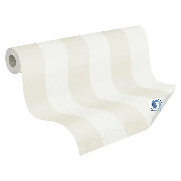 A.S. Création Designdrop Vliestapete - Creme-Beige, Streifen, 10,05 x 0,53 m - Nahaufnahme einer Rolle hochwertiger, weißer Tapete mit Aqua Grip Technologie, die eine einfache und blasenfreie Anbringung garantiert.