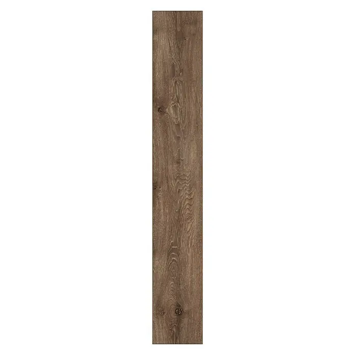 MyStyle MyArt Laminat - Earthen Oak, Landhausdiele, 1.285 x 192 x 12 mm - Detailaufnahme einer einzelnen, braunen Holzdiele mit markanter Maserung und Astlöchern, ideal für rustikale Bodenbeläge.