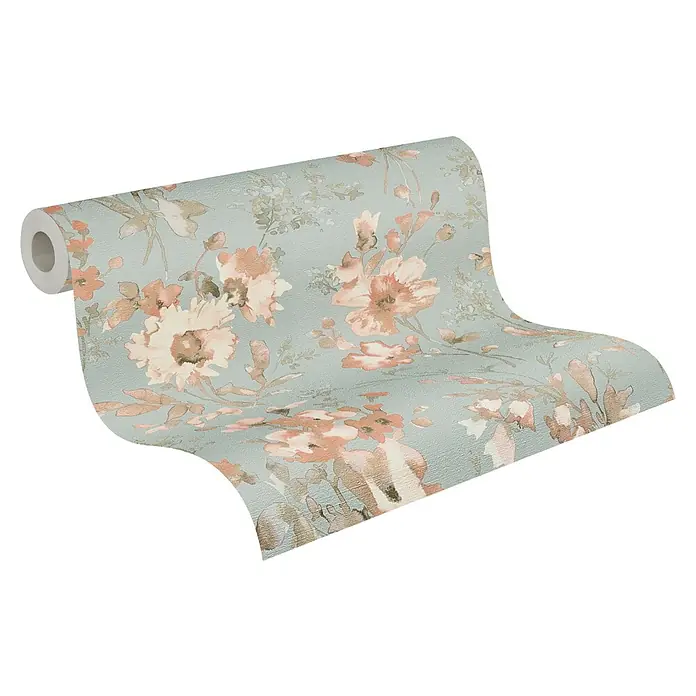 A.S. Création Cosmoliving by Cosmopolitan Vliestapete Blüten - Blau-Grau-Rosa, Floral, 10,05 x 0,53 m - Rolle mit floral gemusterter Tapete in Pastellfarben, die eine elegante und stilvolle Wanddekoration darstellt.