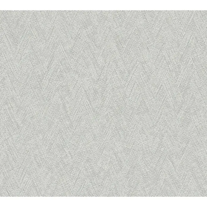 A.S. Création Hygge 3 Vliestapete - Hellgrau, Uni, 10,05 x 0,53 m - Nahaufnahme einer strukturierten, hellgrauen Tapete mit einem Zickzackmuster, ideal für moderne Wohnräume.
