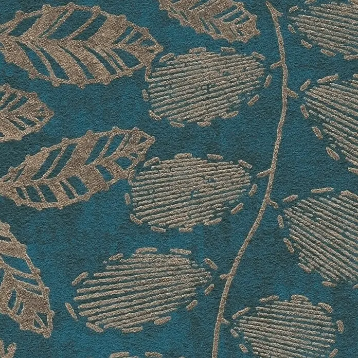 A.S. Création Designdrop Vliestapete Blätter - Blau-Kupfer, Floral, 10,05 x 0,53 m - Nahaufnahme eines strukturierten Stoffes mit Blattmuster in Blau- und Beigetönen, ideal für Textilprojekte.